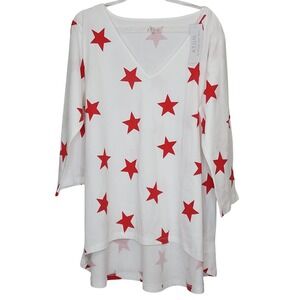 ATUN Women's White Red Star Print V Neck Tunic Top XL